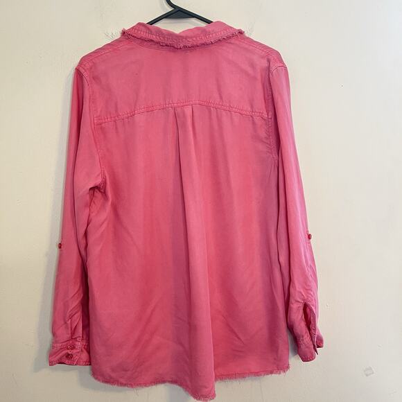 Chico's Shirt Women's 12 Pink Frayed Trim Roll-Tab Long Sleeve Button Up Blouse - Picture 3 of 10